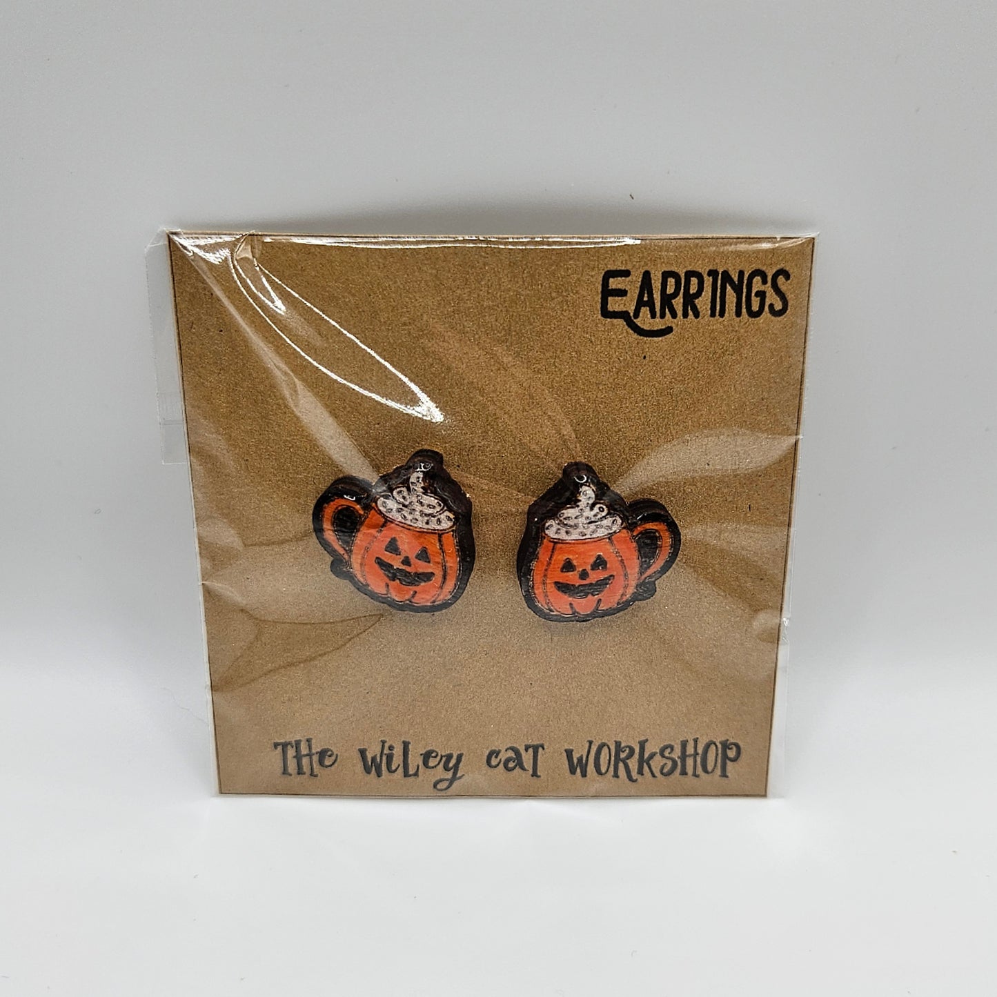 Happy Pumpkin Drink Wood Earrings