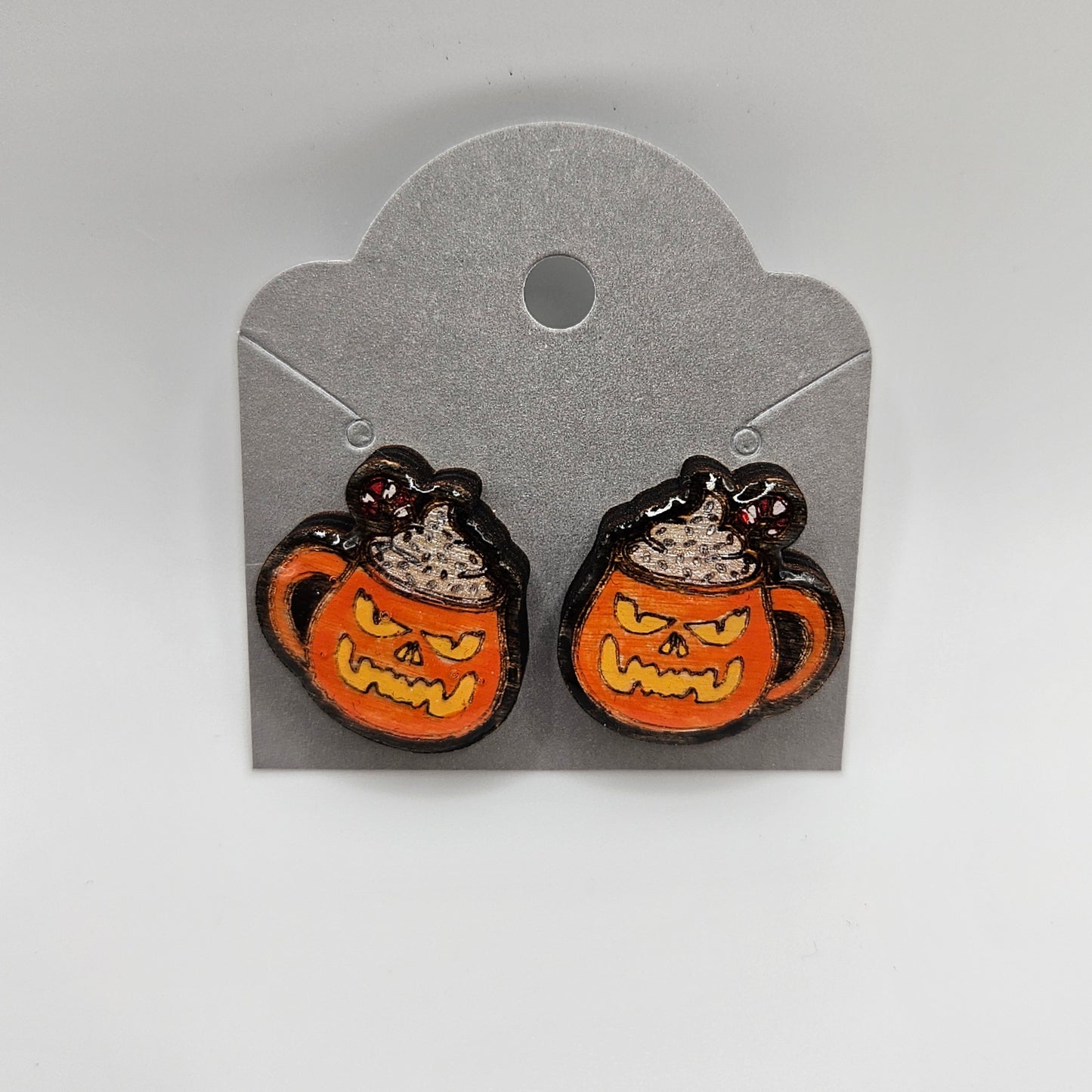 Laughing Pumpkin Drink Wood Earrings