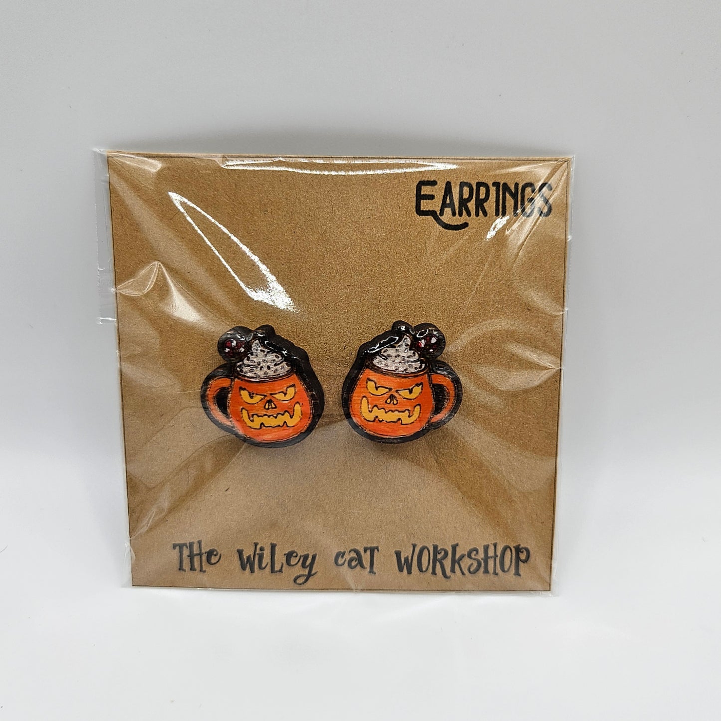 Laughing Pumpkin Drink Wood Earrings