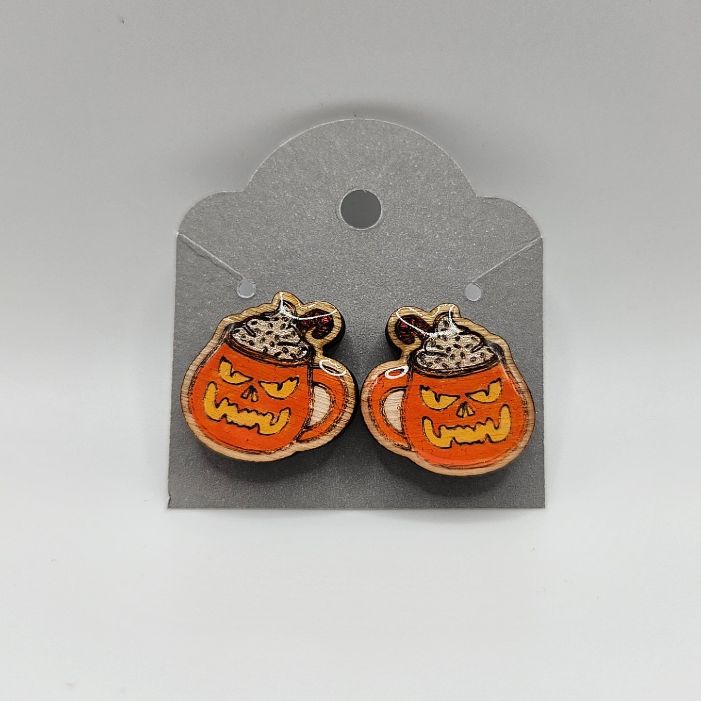 Laughing Pumpkin Drink Wood Earrings