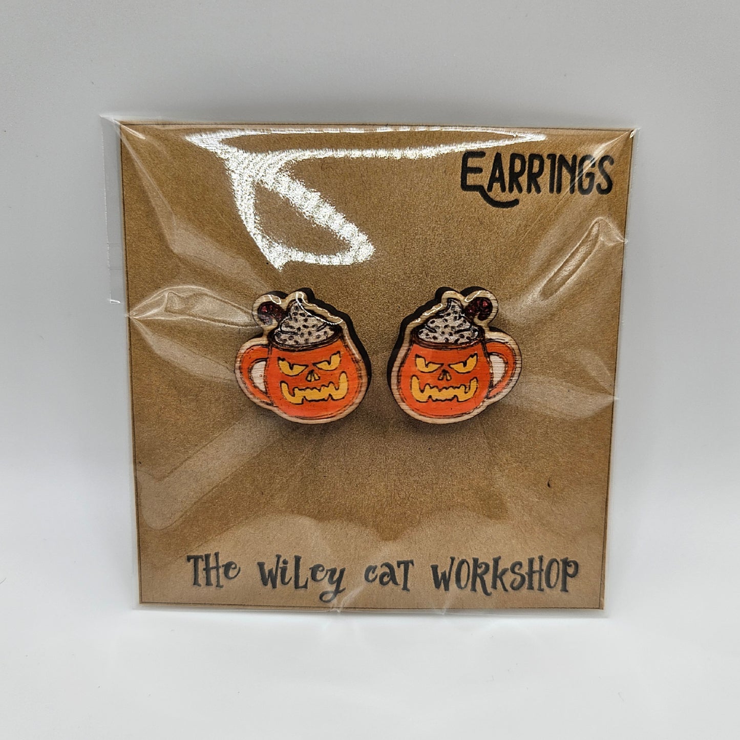 Laughing Pumpkin Drink Wood Earrings