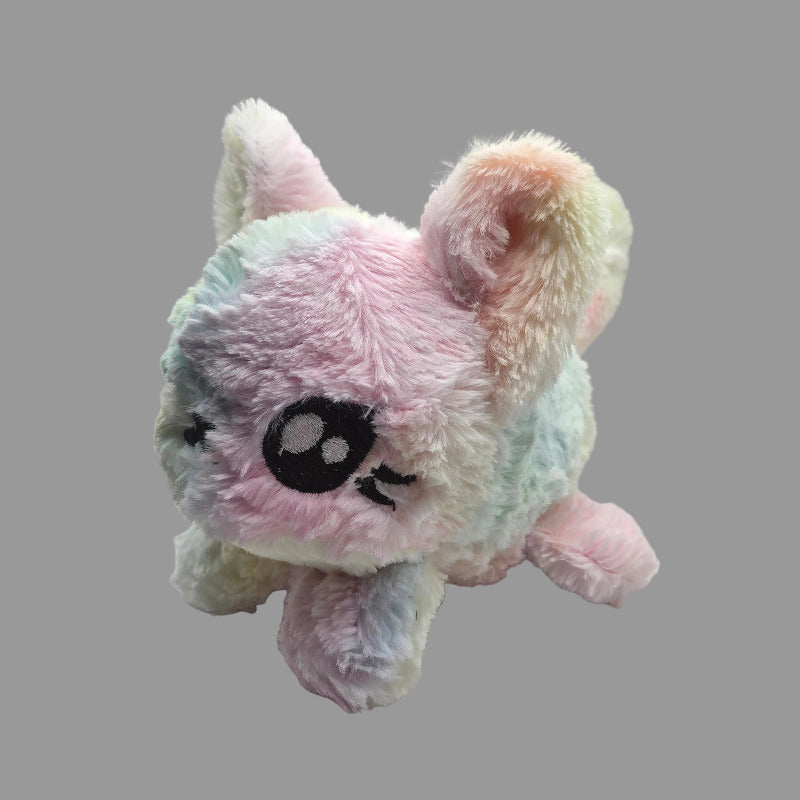Pastel-colored plush toy with a simple face design on a gray background