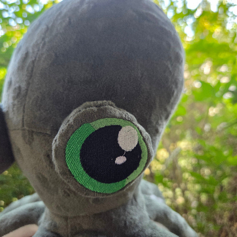 Close-up of a plush toy with a detailed eye patch against a blurred natural background