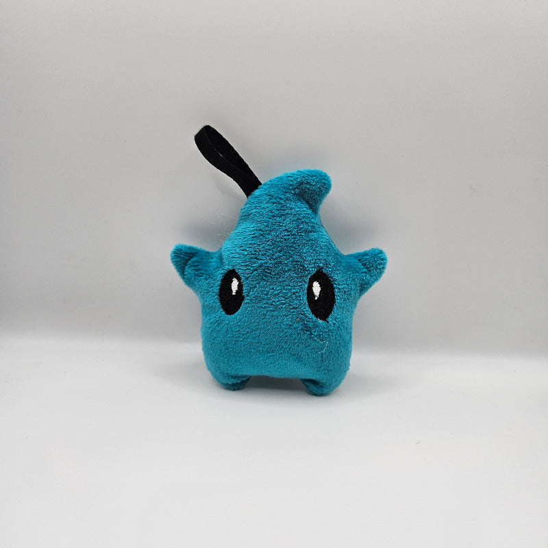 Blue plush toy with black accents on a light gray background