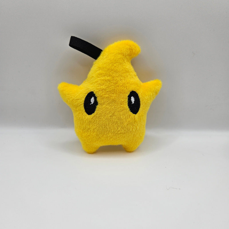 Yellow plush shark toy with black accents on a white background