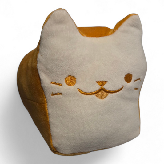 Plush cat-shaped pillow with a smiling face on a white background
