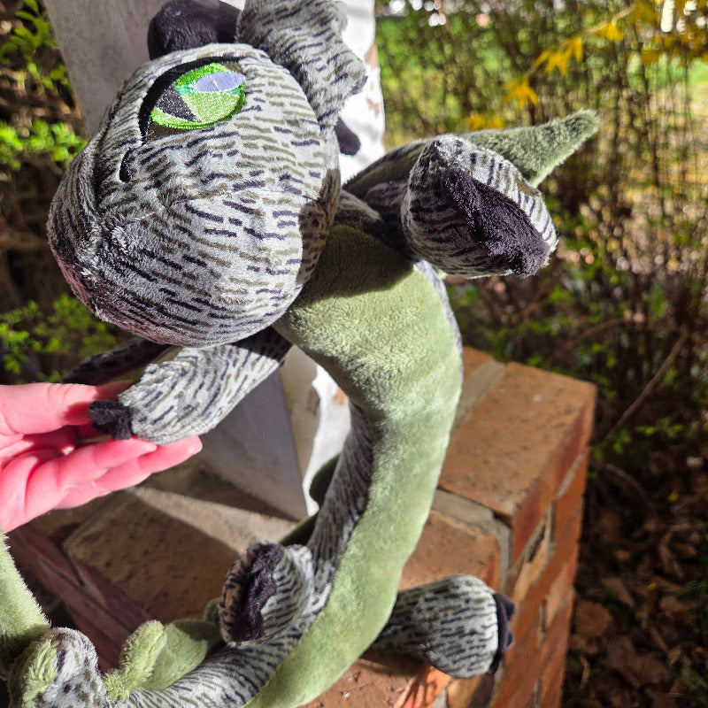 Plush toy lizard held by a hand with a natural outdoor background